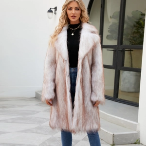 Faux fox fur coat in light brown and cream gradient with a classic lapel collar