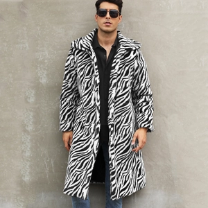 Manteau long pour homme en fausse fourrure à motif zébré noir et blanc et col à revers