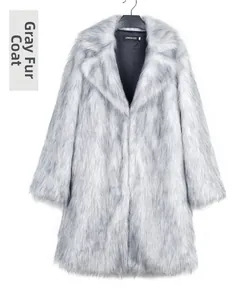 Detail view of silver grey faux fox fur coat with black tips and sleek black lining