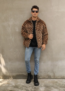 Front view of men's stand-collar faux fur jacket with brown and black checkerboard pattern