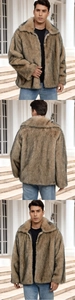 Detail of light brown faux fur jacket for men with lapel collar and soft textured material