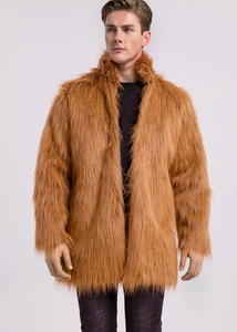 Detailed close-up showing the premium fluffy texture of this men's caramel faux fur coat