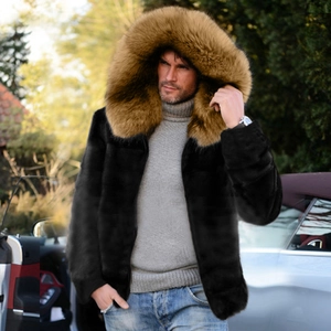 Men's winter faux fur hooded jacket in black with brown fluffy collar and warm lining