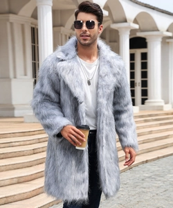 Silver grey faux fox fur coat for men featuring a plush long pile texture and lapel design