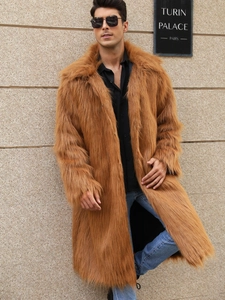Luxurious long faux fox fur coat for men in tan color with thick plush texture