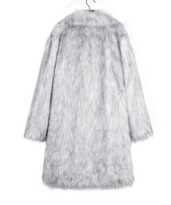 Detail of grey-white faux fox fur coat showing long plush texture and lapel collar design