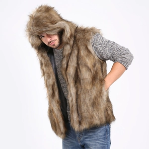 Detailed close-up of brown faux fox fur hood and thick textured lining of the men's vest