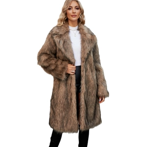 Faux fur coat for women with large lapel in brown shaggy long hair faux fox fur style