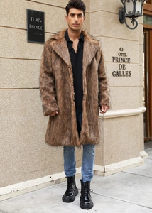 Close-up of thick brown faux fox fur texture and lapel design on men's long winter coat