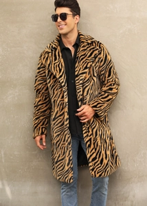 Detail of tiger print faux fur coat with oversized lapels and realistic texture