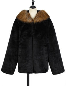 Detail view of the brown faux fur collar and glossy black winter jacket for men