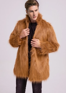 Detail of premium brown faux fur coat with thick plush texture and luxury stand collar