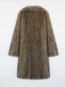 Rear view of long faux fox fur coat in brown with thick texture and realistic sheen