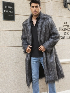 Luxurious men's grey faux fox fur coat with wide lapel and gradient texture for winter