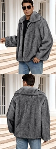 Detail view of the thick gray faux fox fur texture and lapel design on men jacket