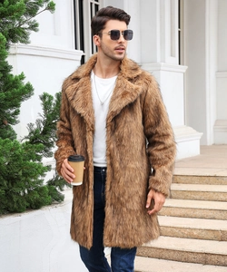 Detailed texture of brown faux fox fur on long winter coat for men with wide lapels