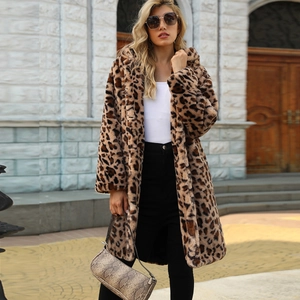 Detailed texture of thick faux fur leopard print coat with a stylish notch lapel design