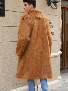 Men's long faux fox fur coat in tan brown with a large lapel and fluffy texture