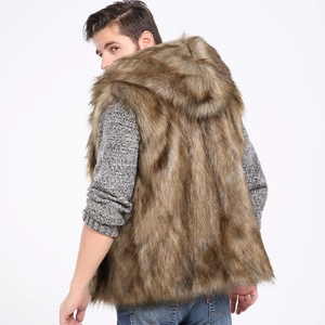 Detailed close-up of brown faux fox fur texture and hood on a men's stylish vest