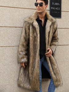 Manteau en fausse fourrure pour homme dégradé marron avec grand revers et coupe longue