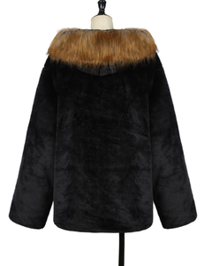 Rear view of a men's faux fur hooded jacket with black body and contrasting brown fur trim