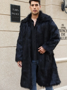 Herren Kunstpelzmantel Lang Schwarz Fuchspelz Stil Winter Warm Übermantel Reverskragen Outwear Mode Luxuriöse Jacke