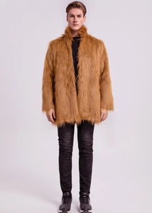Detailed full view of men's brown faux fur coat with a large stand collar for winter warmth