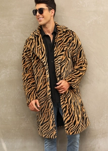 Macro shot of faux fur texture on long tiger print coat with notched lapel for men