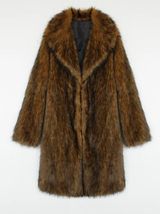 Close-up of fluffy faux fox fur texture on long winter coat with large lapel