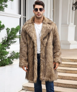 Detail of the oversized lapel and thick brown faux fox fur texture on men's winter coat
