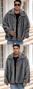 Close-up of men's short faux fur jacket in grey featuring a stylish lapel and long pile texture