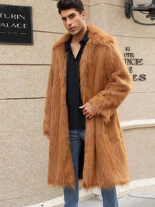 Men's long faux fox fur coat in tan brown with a large lapel collar and street style look