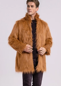 Detailed close-up of thick, fluffy brown faux fur texture on a men's winter coat