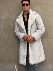 Manteau en Fausse Fourrure Long de Luxe pour Hommes Veste d'Hiver Chaude Col Tailleur Dégradé Blanc Gris Pardessus Épais
