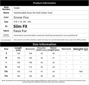 Size chart showing S to 3XL dimensions for long faux fox fur coat with notched lapel