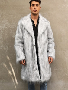Men's Luxury Faux Fox Fur Coat Stylish Lapel Long Sleeve Warm Winter Overcoat Gray Silver Plush Jacket For Banquet Urban Fashion