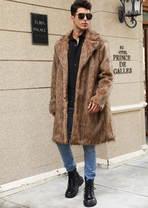 Detail of men's brown faux fox fur coat with notched lapel and long textured fibers