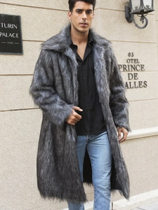 Men's luxury long faux fox fur coat in grey and black with high-end autumn style texture