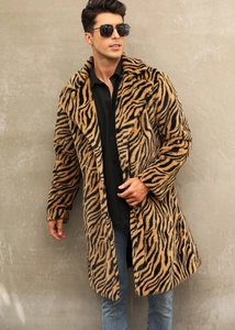 Detail shot of men's faux fur coat with bold tiger stripe pattern and lapel collar