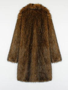 Back view of a long faux fox fur coat in brown with thick texture and glossy finish