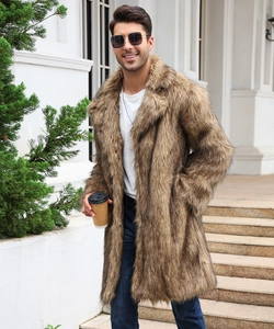 Detail of men's faux fur long coat with large lapel and realistic brown textured fur