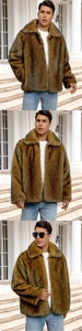 Detailed close-up showing the rich texture of the brown and black faux fur lapel jacket
