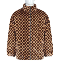 Detail of checkered brown faux fur jacket showing the stand collar and front zipper