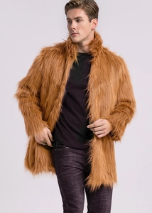 Macro detail of high-quality brown faux fur texture on men winter stand collar coat