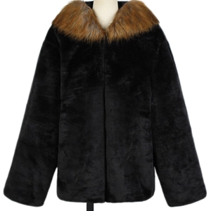 Women's black faux fur coat with thick brown hood collar and long sleeves for winter