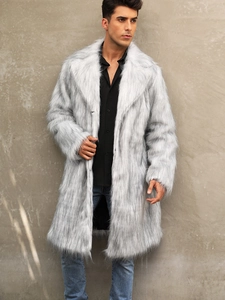 Men's silver-grey faux fox fur coat with wide lapel collar in a mid-length stylish fit