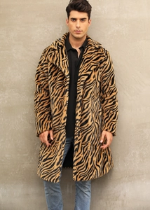 Detailed close-up of premium tiger print faux fur coat with notched lapel and plush texture