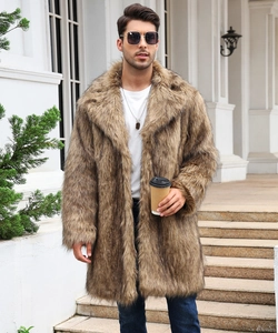 Detailed texture of men's long faux fox fur coat with brown highlights and wide lapels