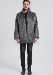Detailed view of gray faux fur coat for men featuring stand collar and thick texture