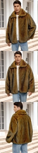 Detail of luxurious golden brown faux fur texture and lapel design on men's winter coat